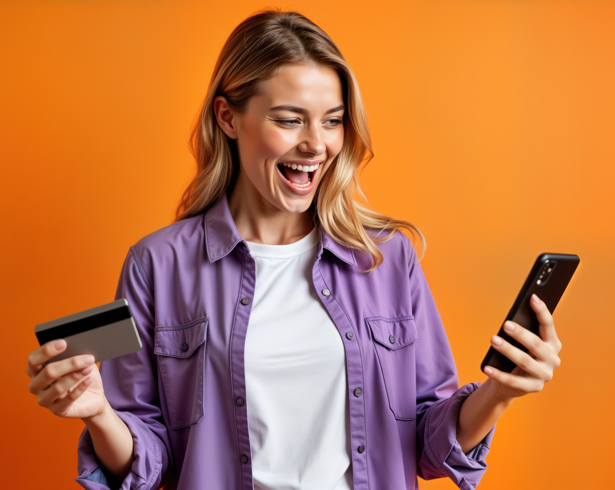 Happy Customer Looking at Phone Holding a Credit Card